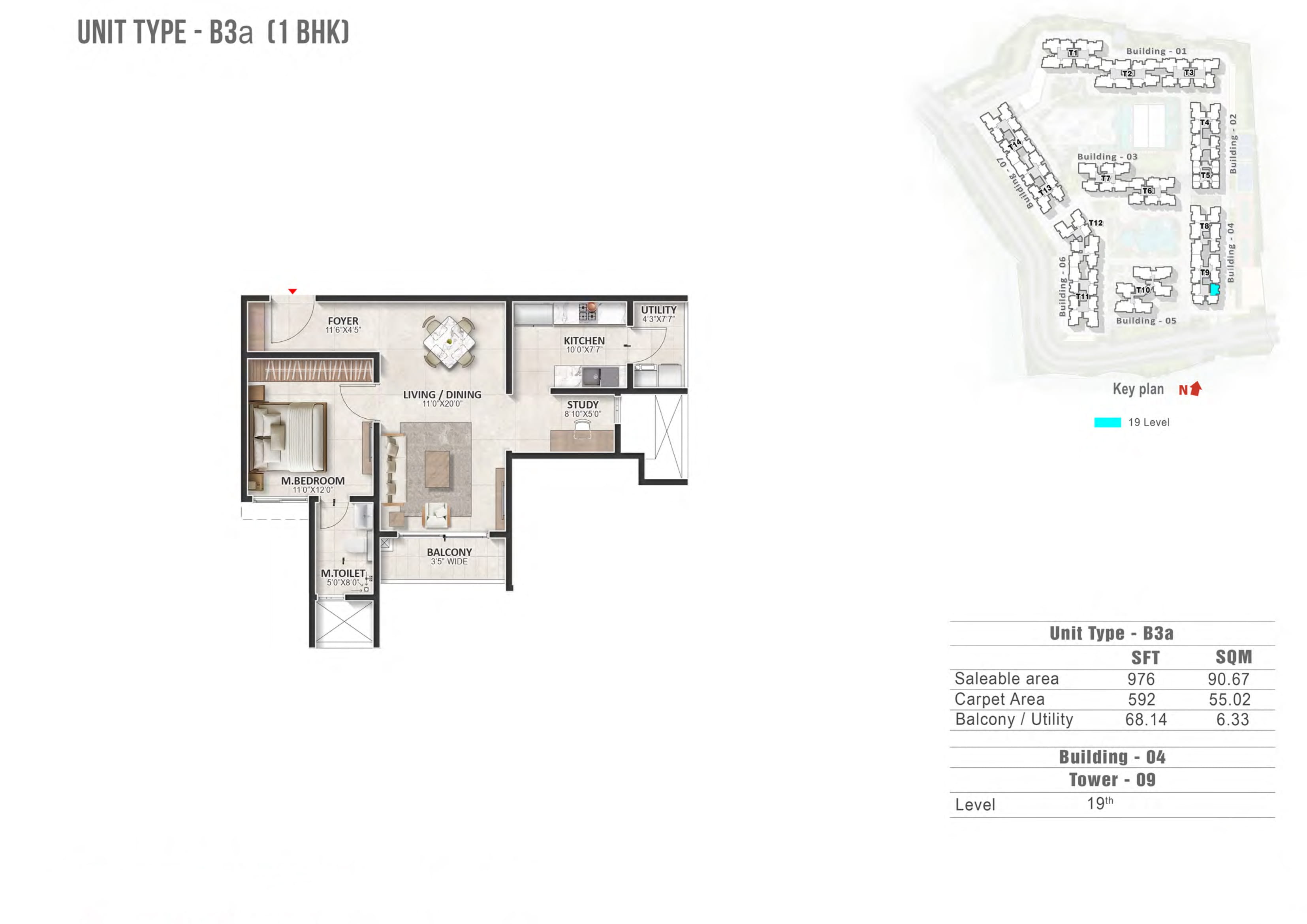 1 BHK 976 Sq Ft Floor Plan