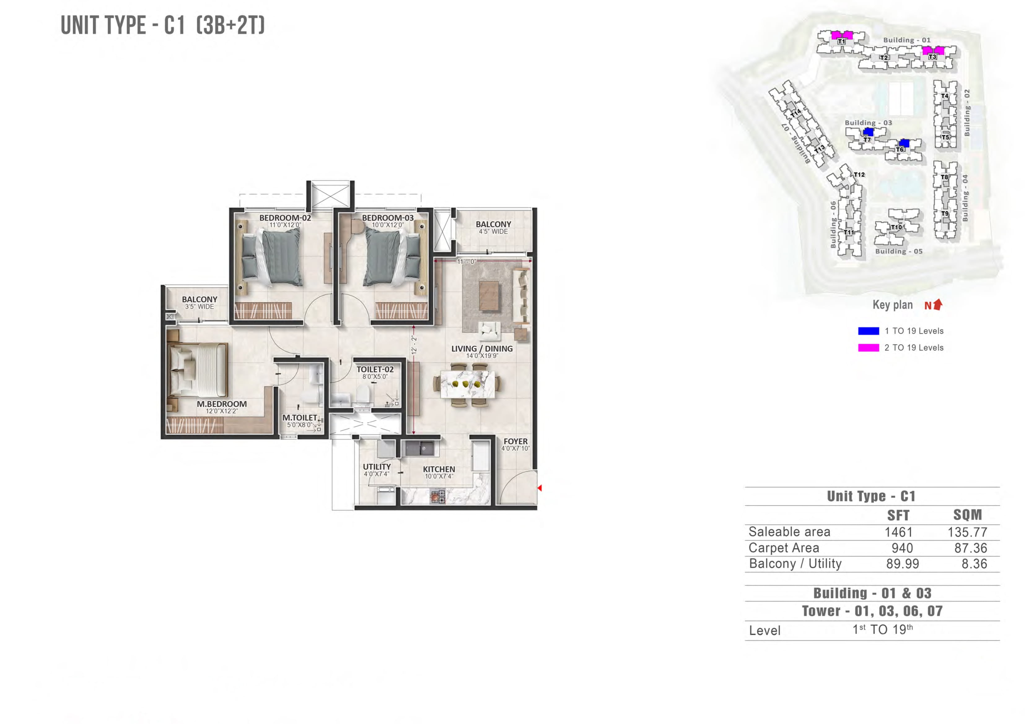 3 BHK 1461 Sq Ft Floor Plan