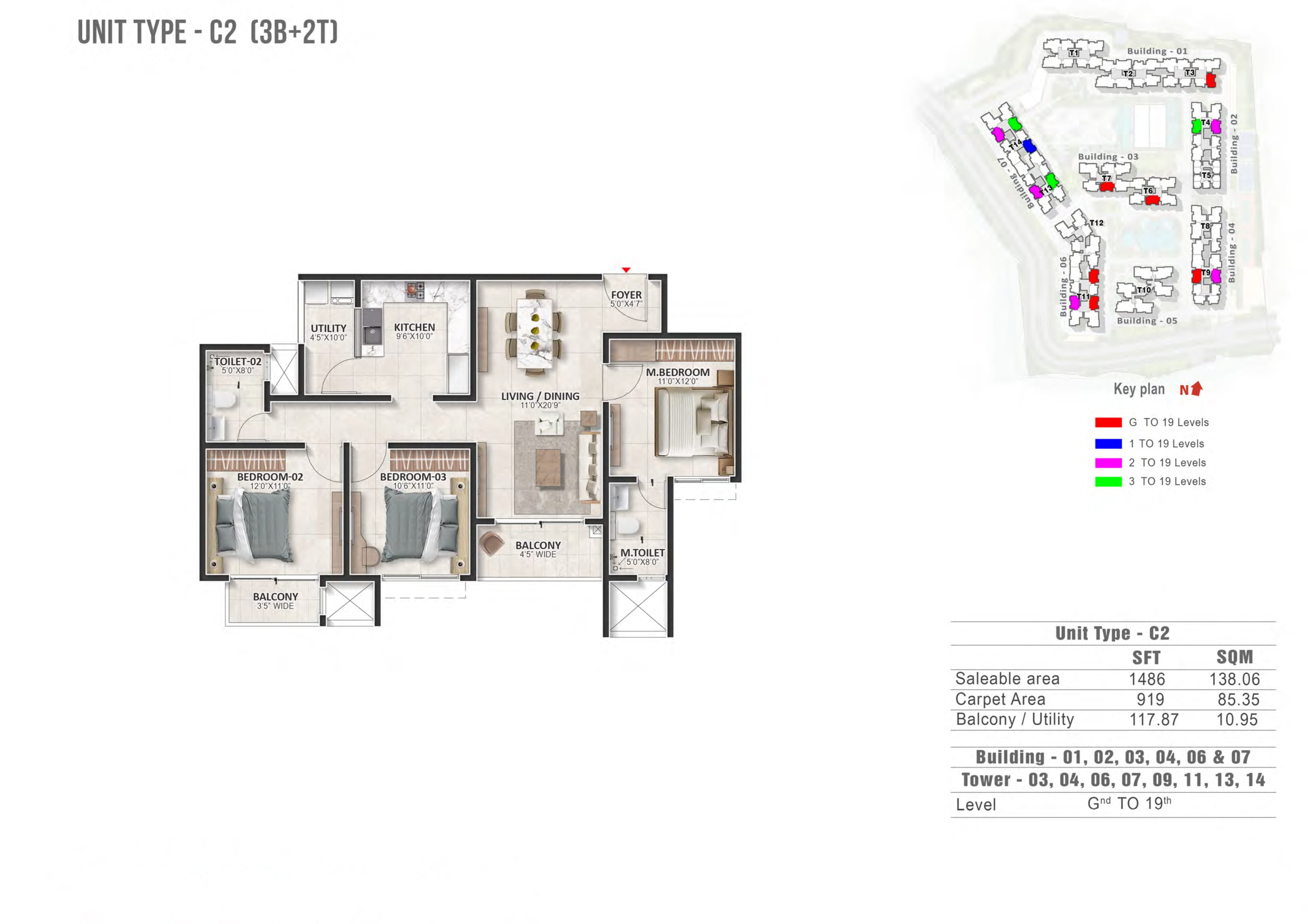 3 BHK 1486 Sq Ft Floor Plan