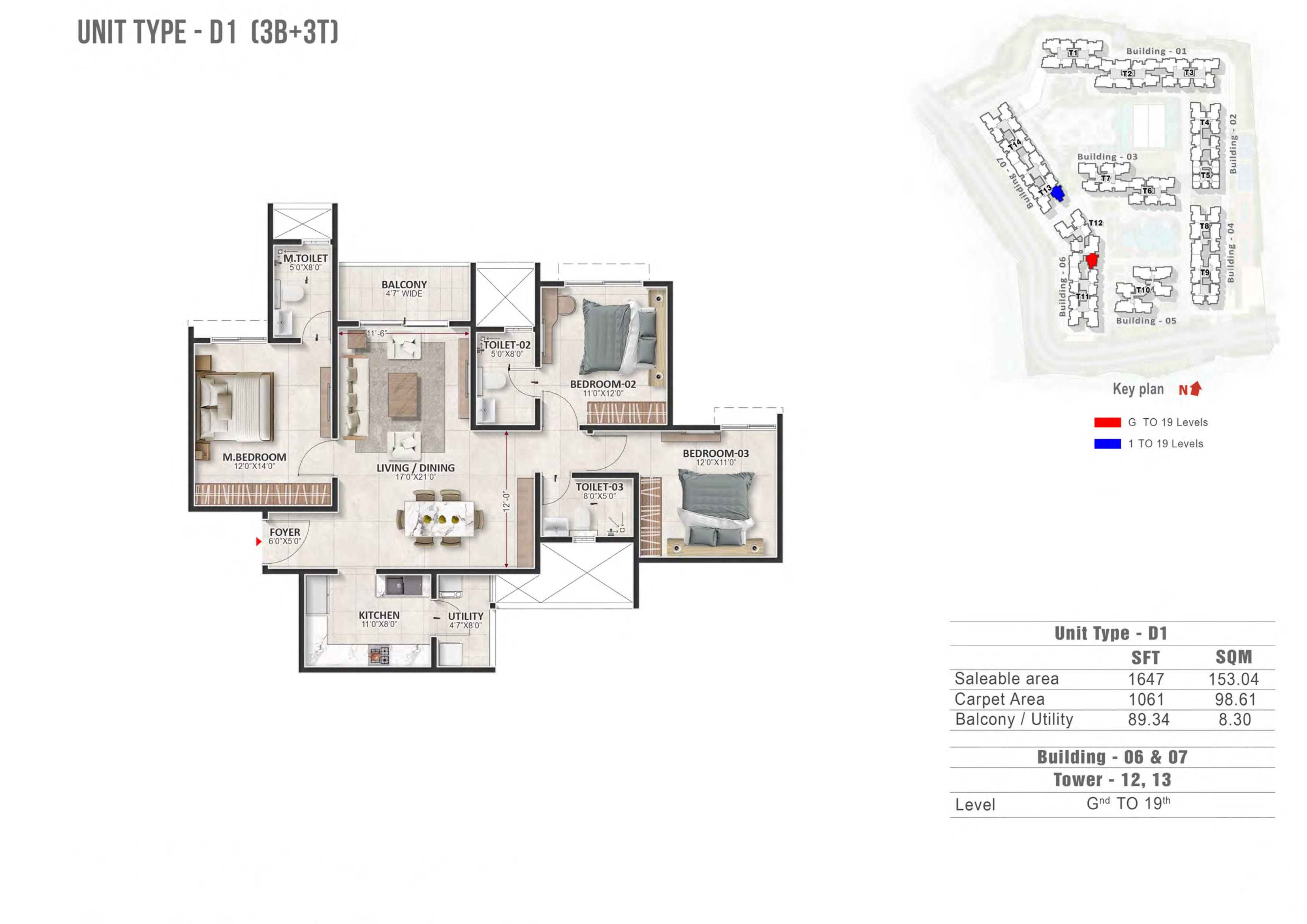 3 BHK 1647 Sq Ft Floor Plan