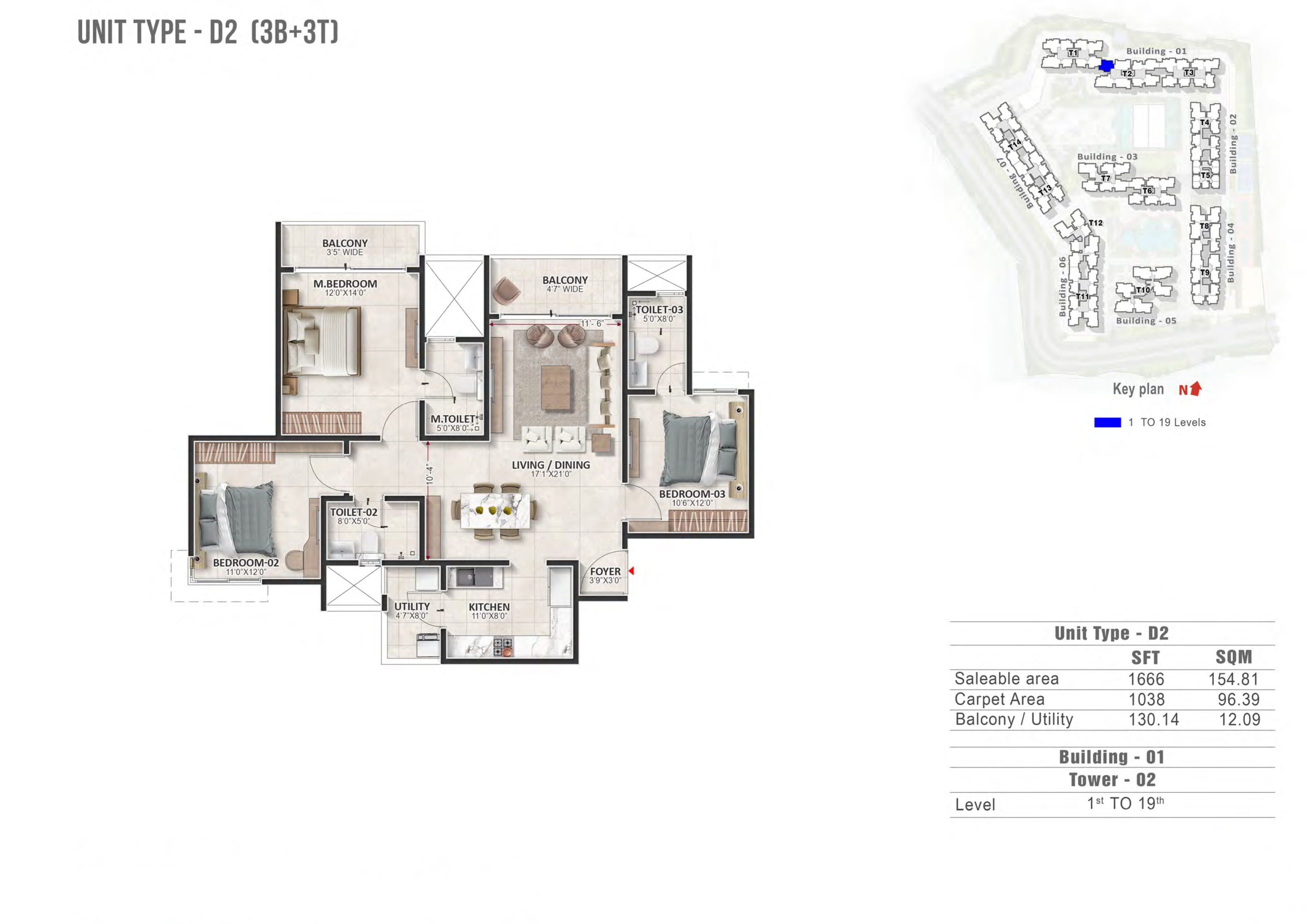 3 BHK 1666 Sq Ft Floor Plan
