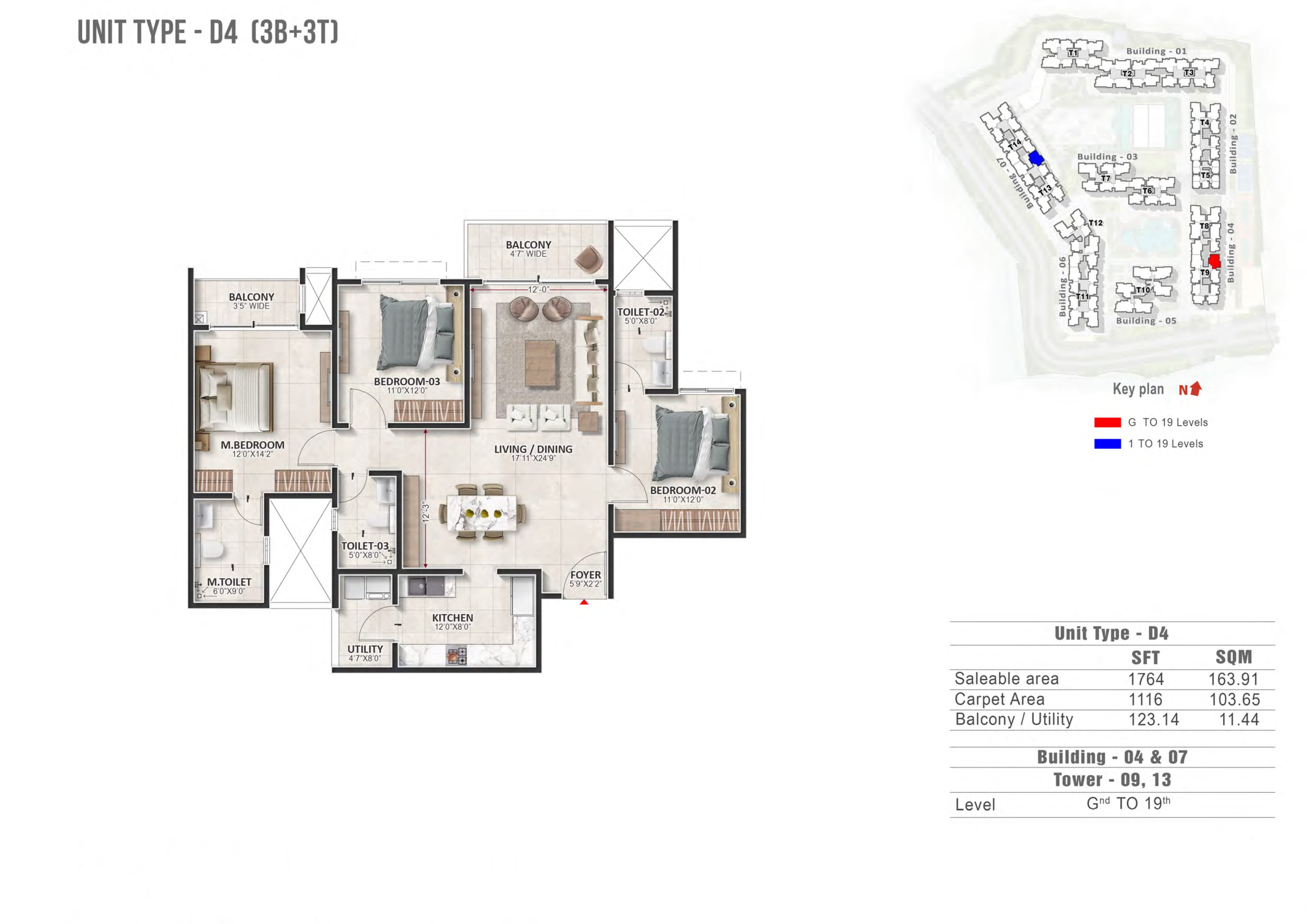 3 BHK 1764 Sq Ft Floor Plan