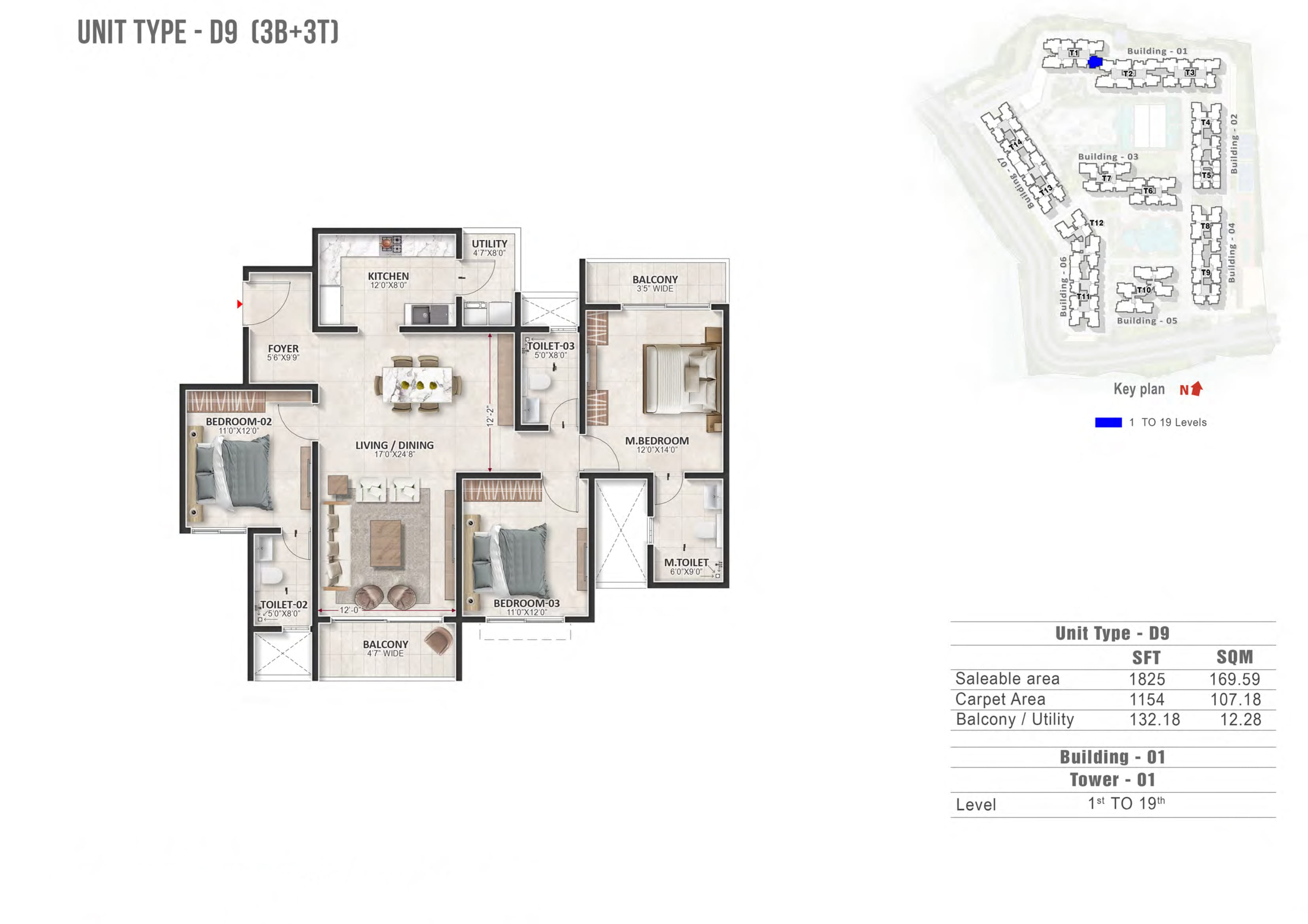 3 BHK 1825 Sq Ft Floor Plan
