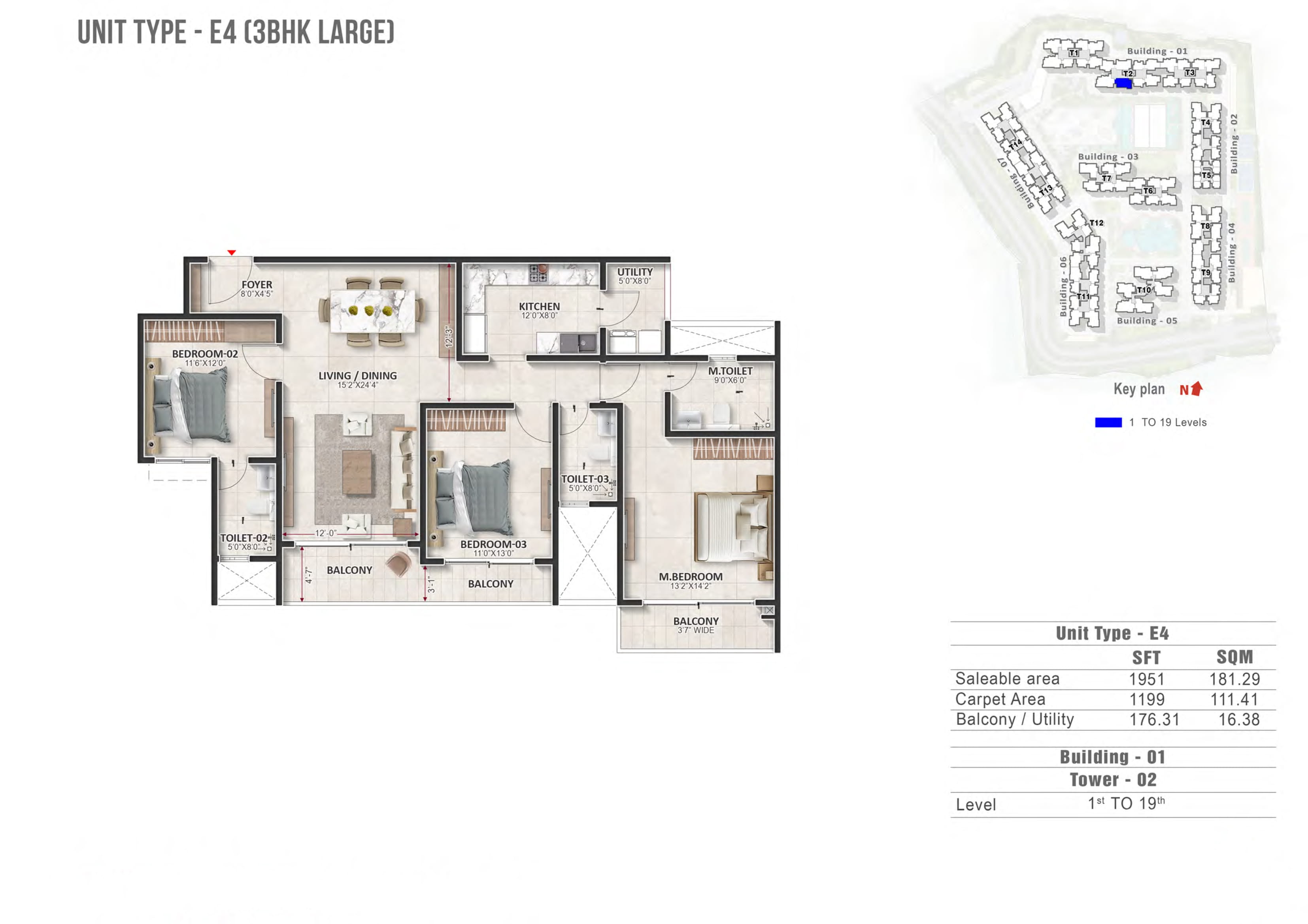 3 BHK 1951 Sq Ft Floor Plan