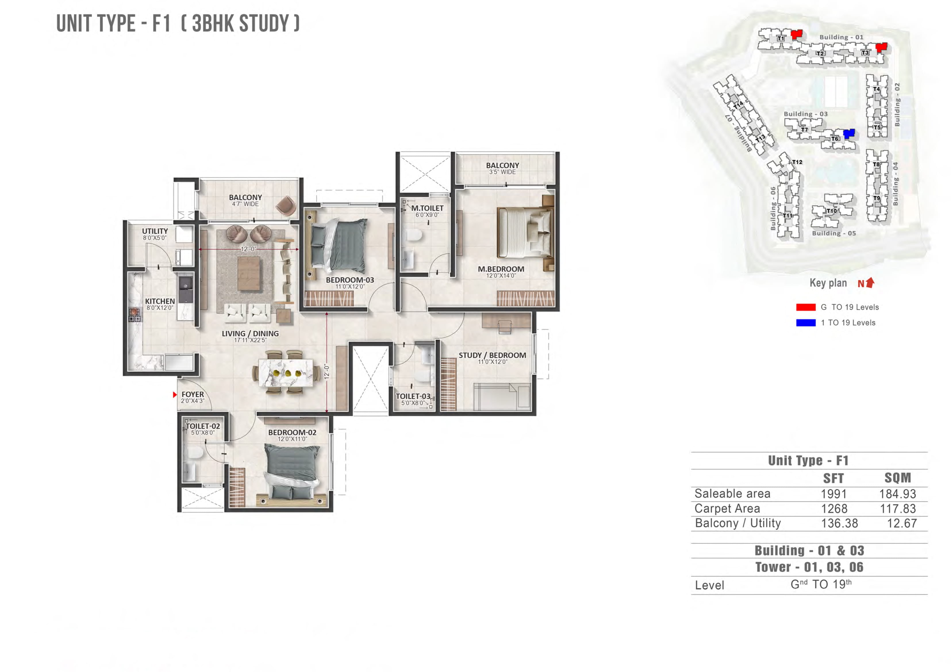 3 BHK 1991 Sq Ft Floor Plan