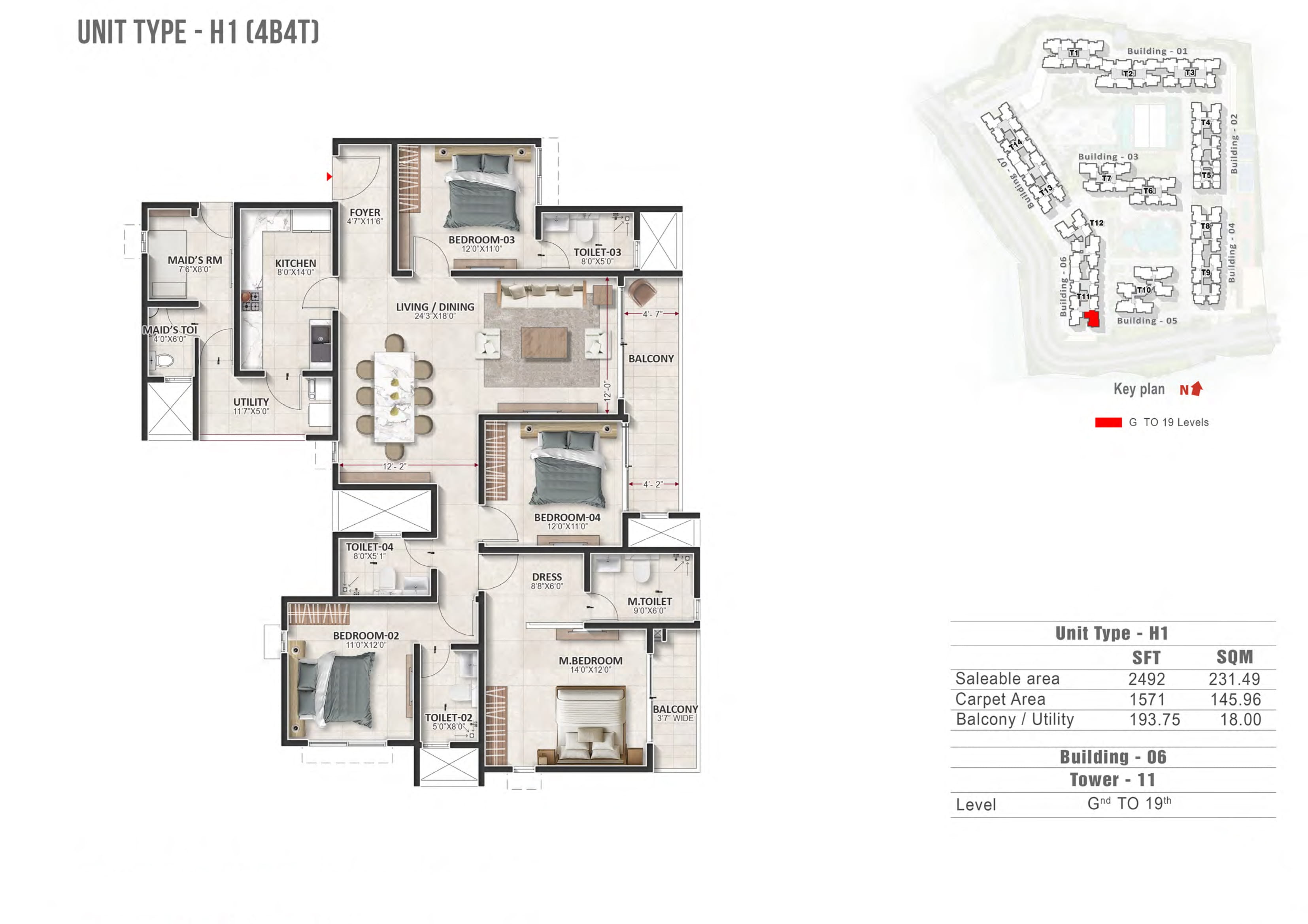 4 BHK 2492 Sq Ft Floor Plan
